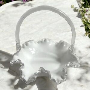 Vintage Fenton Milk Glass Low Profile Silver Crest Ruffle Basket